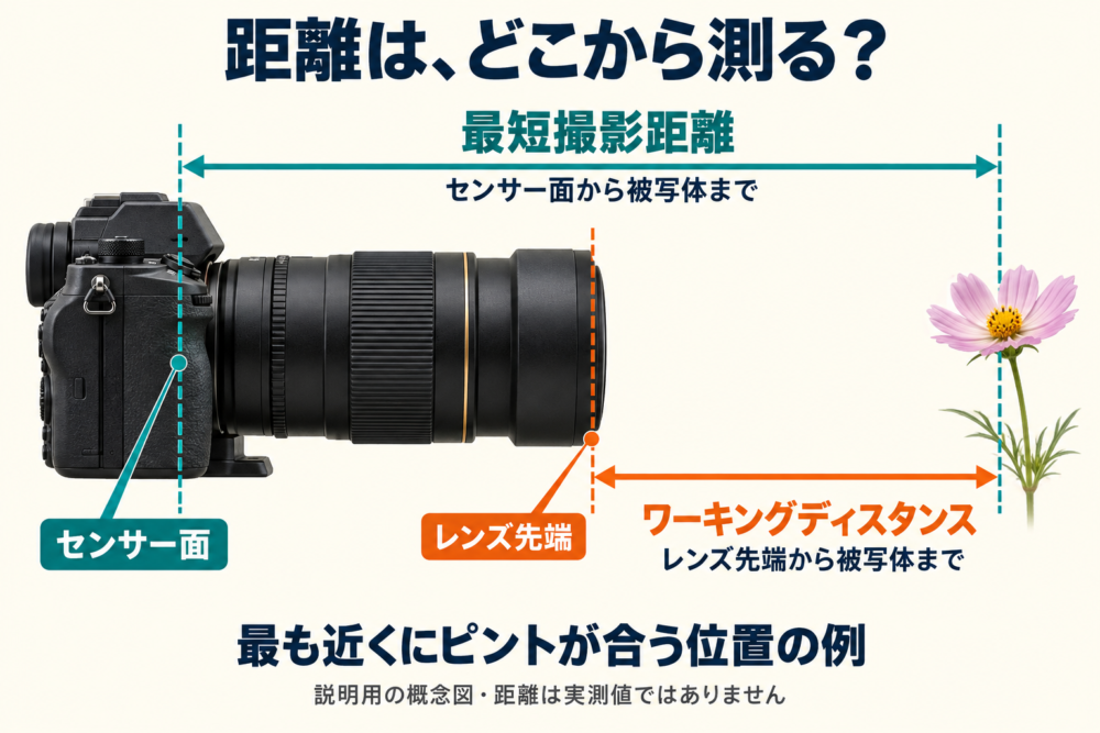 距離はレンズのどこから測るかを示す概念図
