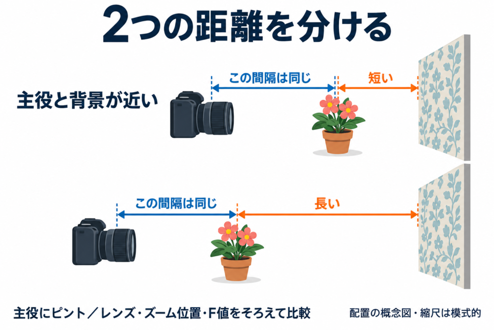 カメラと主役の間隔を保ちながら固定背景から離す2配置の概念図