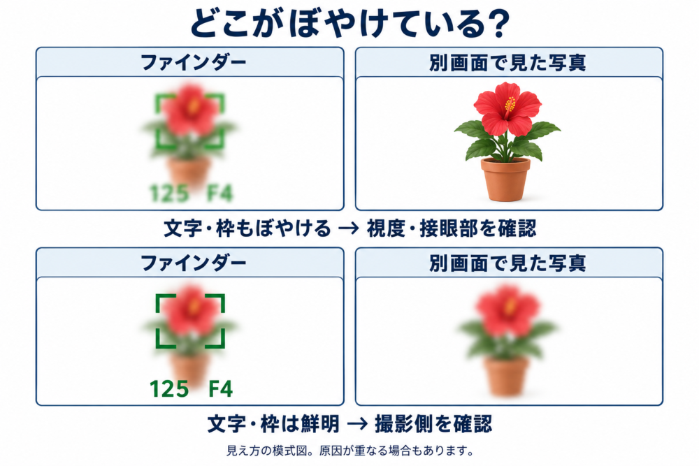ファインダー内の固定表示のぼやけと撮影画像のぼけを比較する模式図