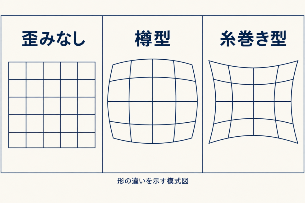 歪みなし・樽型・糸巻き型の格子を比較した模式図
