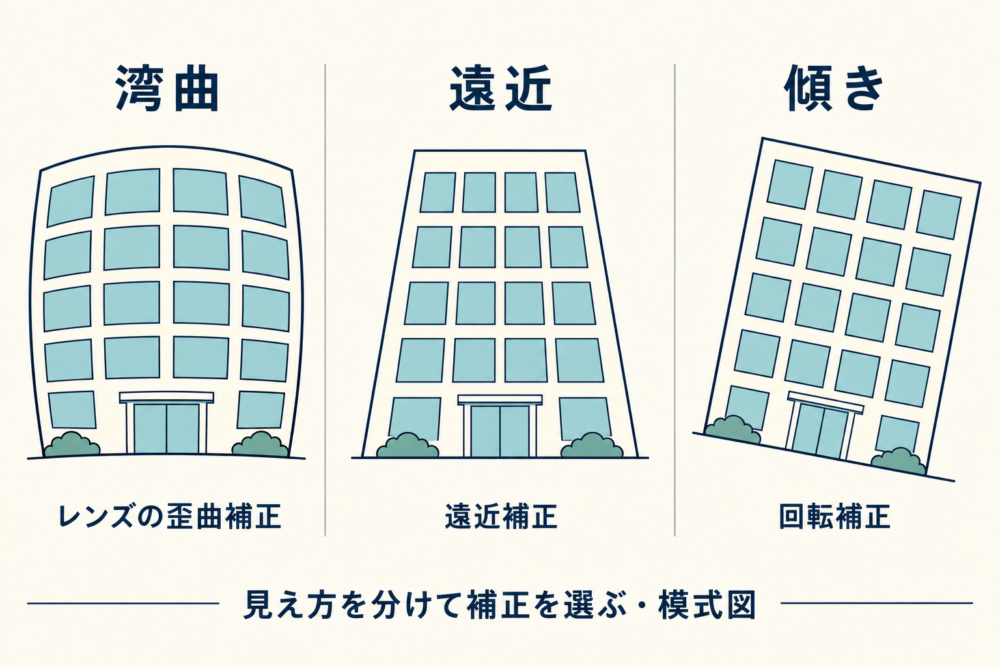 線の湾曲・遠近による収束・画像全体の傾きを比較する模式図