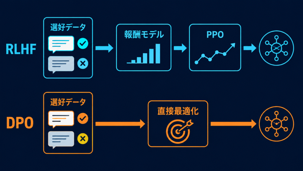PPO型RLHFとDPOの学習経路を比較した図