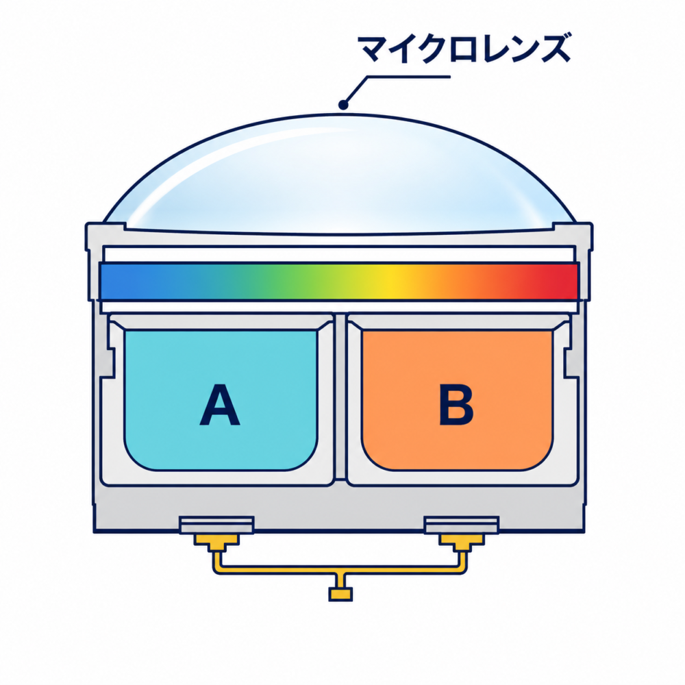 一つのマイクロレンズの下にAとBの二つのフォトダイオードを配置したDual Pixel画素の模式図