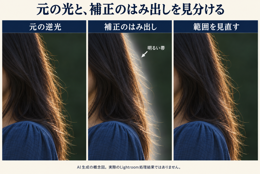 元の逆光の縁と補正のはみ出しによる明るい帯の違い