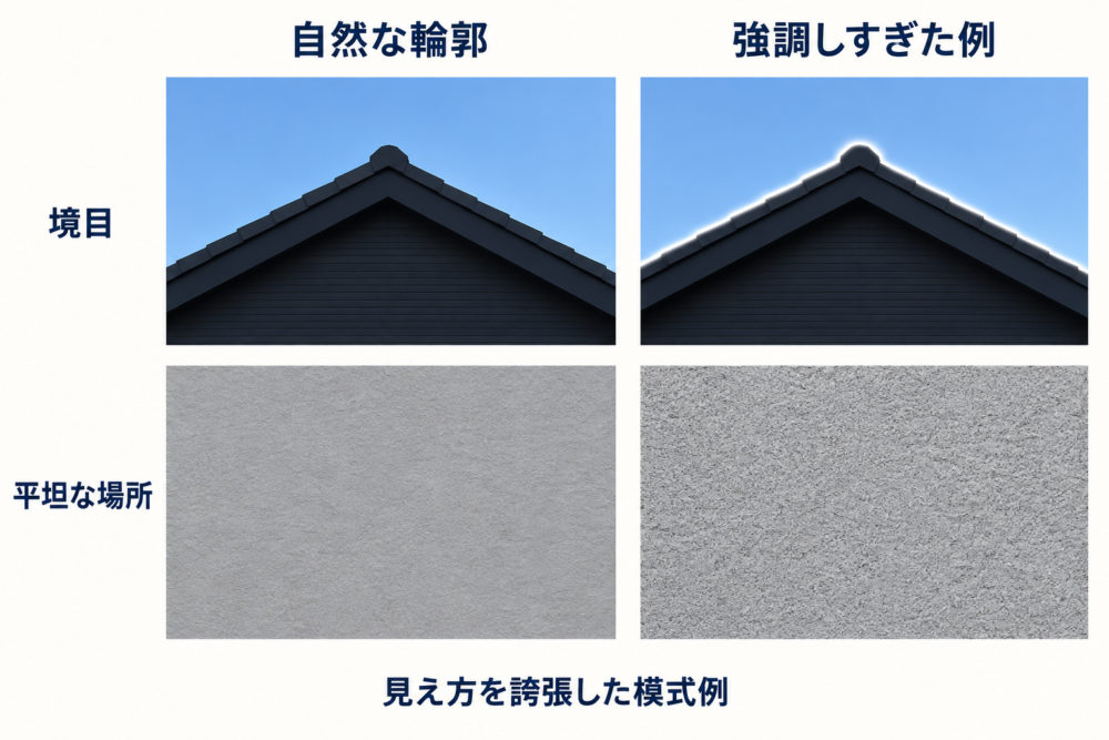 屋根の余計な縁取りと壁のざらつきで強調しすぎを示す模式例