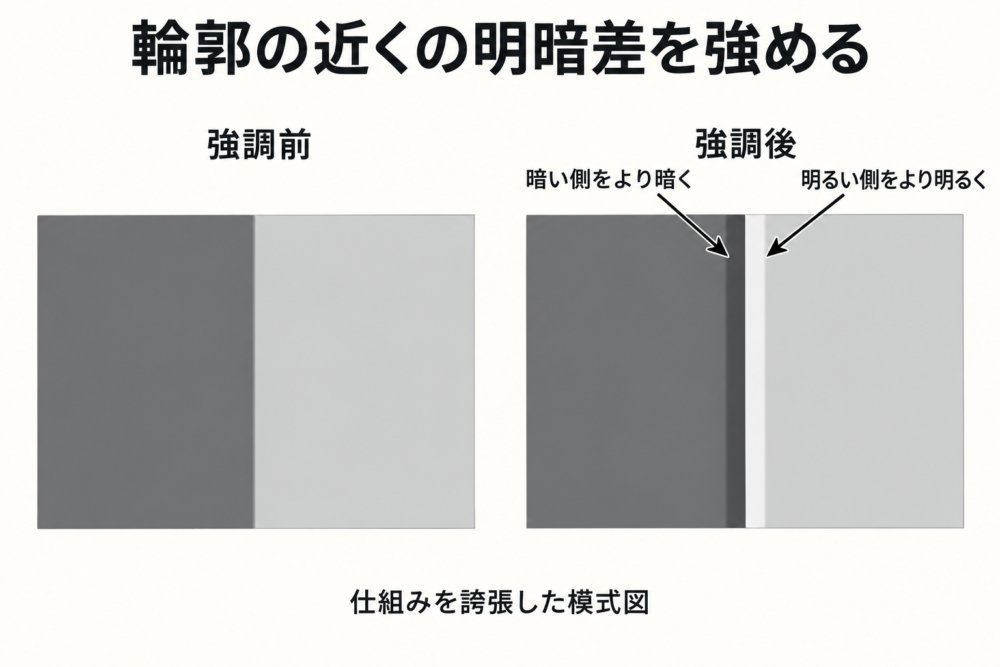 輪郭付近の暗い側と明るい側の差を強調するシャープ処理の模式図