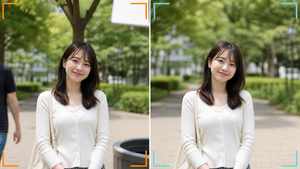 画面端の看板、枝、切れかけた物を残した写真と、位置を変えて整理した写真の比較