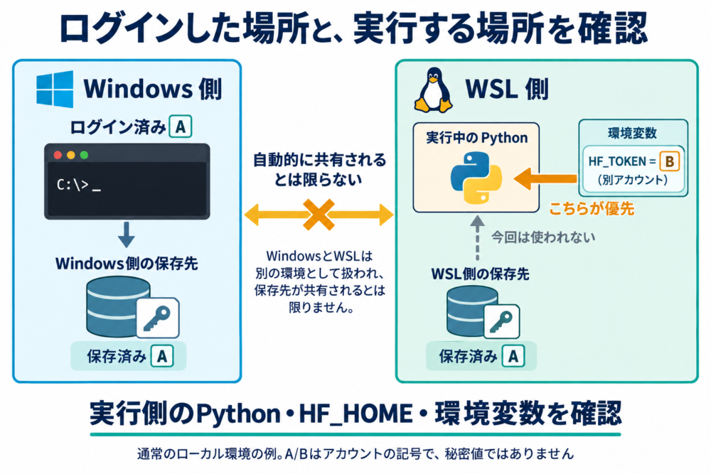 WindowsとWSLの認証保存先を分け、実行側のHF_TOKENが保存済みトークンを上書きする例