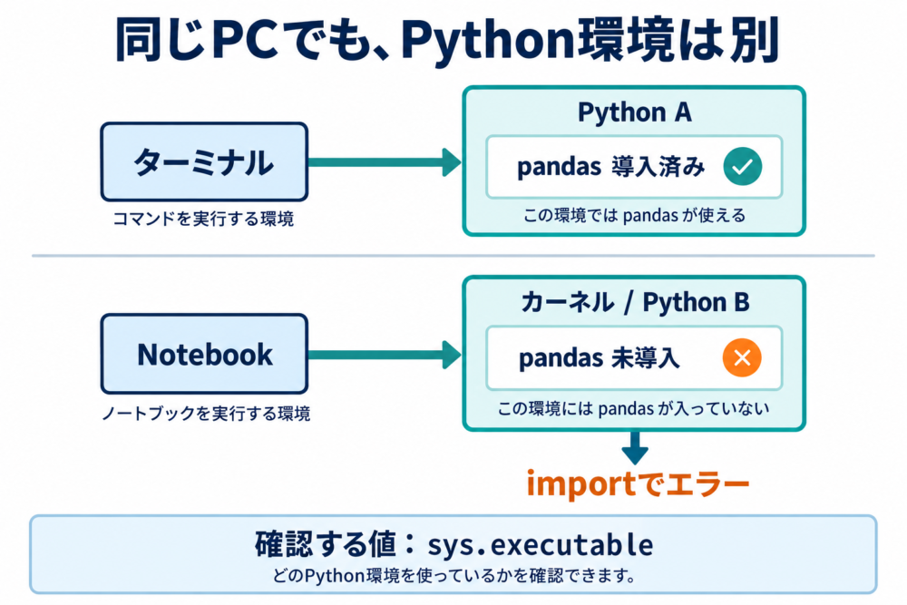 ターミナルのPython Aにはpandasがあり、NotebookのPython Bにはない状態
