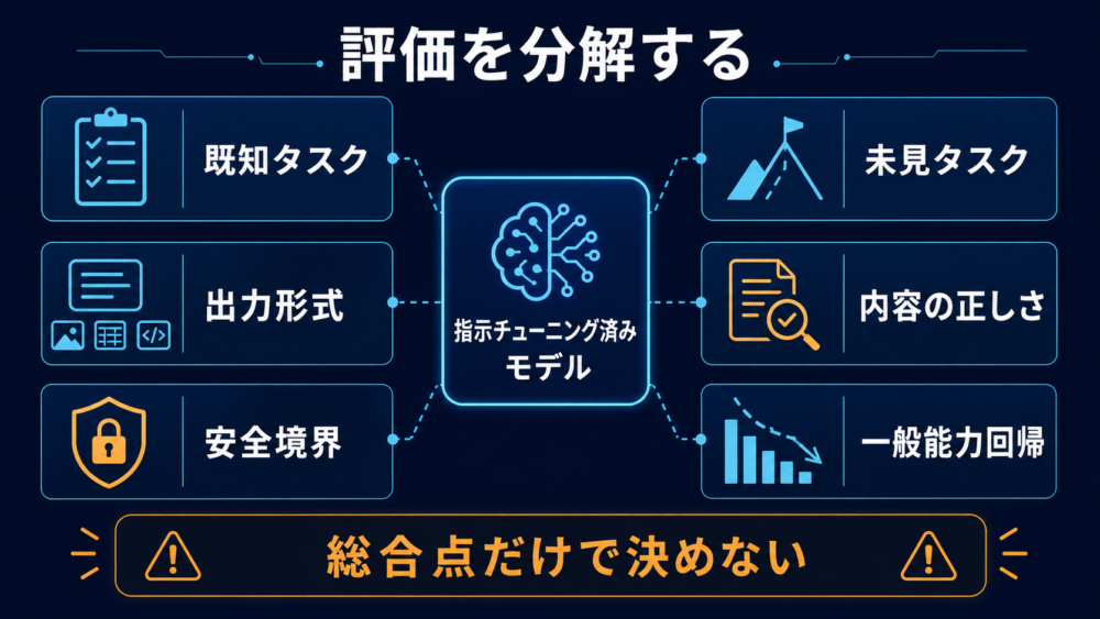 指示追従をタスク、形式、事実性、安全性、回帰で分解する評価表