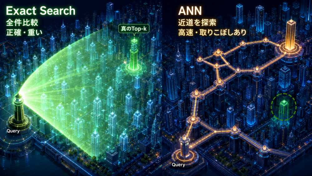 全件比較するexact searchと近道を使うANNの比較