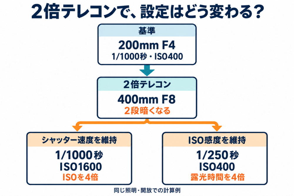 2倍テレコンによる減光をISO1600または1/250秒で補う計算例