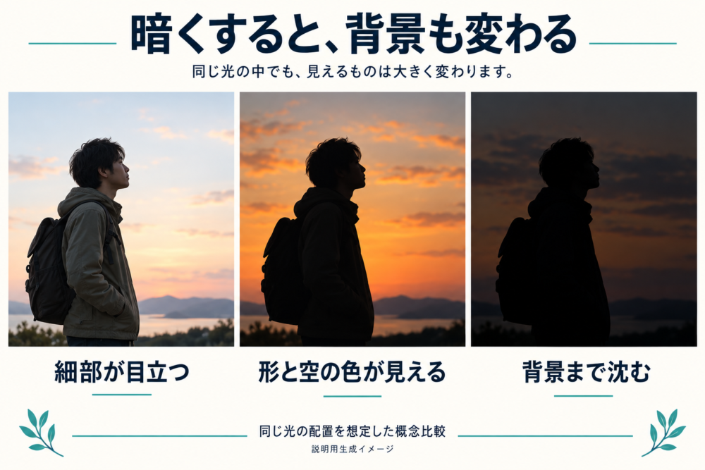 補正によって背景と主役の両方が暗くなる概念比較
