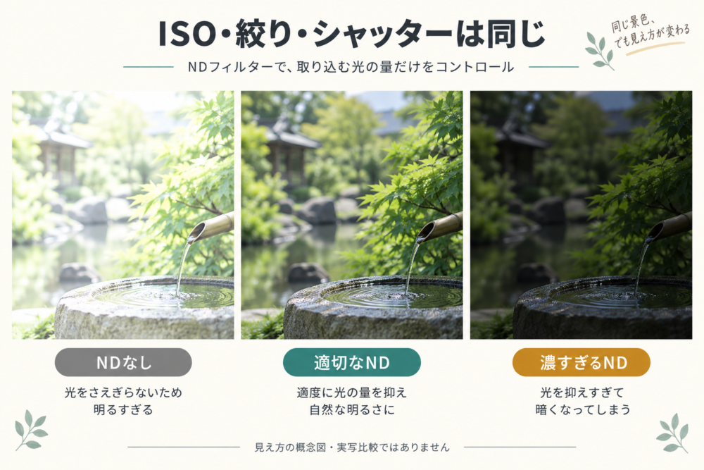 NDなしは白飛び、適切なNDは適正、濃すぎるNDは暗くなる概念図