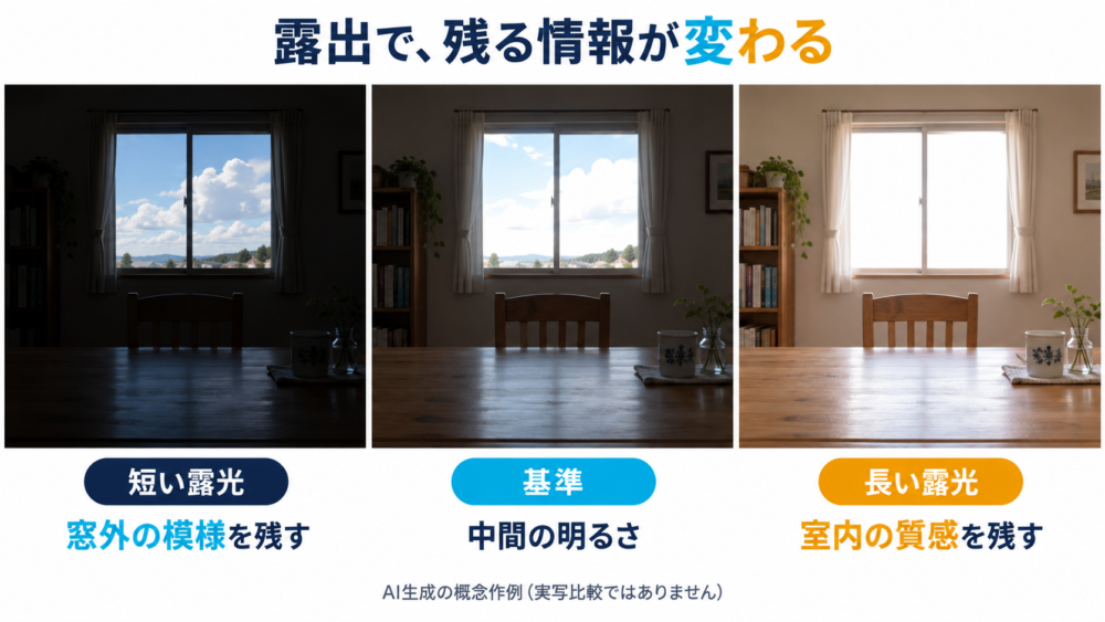 短い露光では窓外、長い露光では室内の質感が残る概念比較