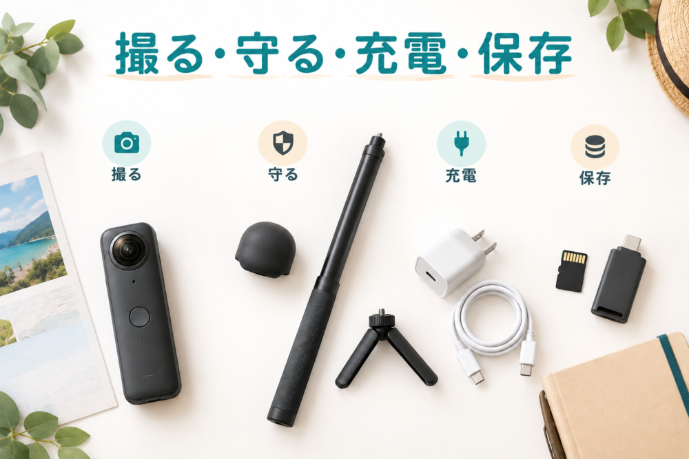 360度カメラと撮影・保護・充電・保存のアクセサリーのイメージ