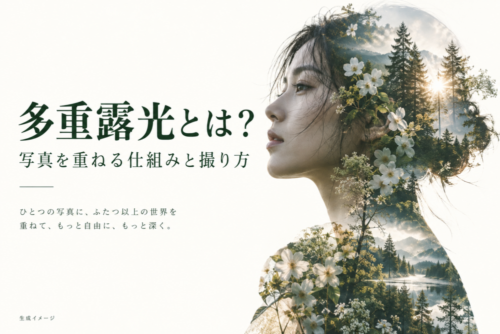 人物の輪郭に花と木の模様が重なる多重露光風の生成イメージ