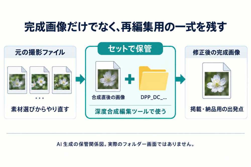 元の撮影ファイルと合成画像・素材フォルダー・完成画像の保管関係