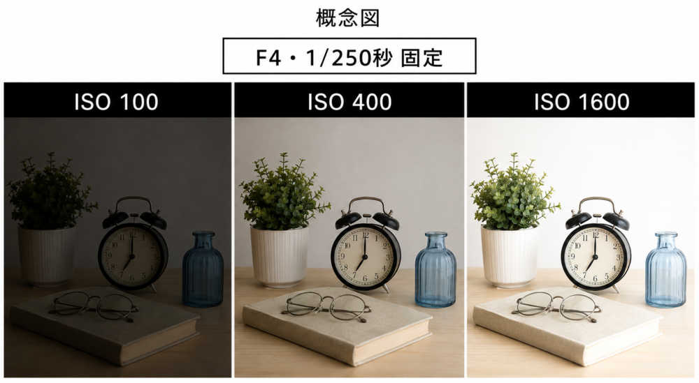 F4と1/250秒を固定しISO 100・400・1600で記録画像の明るさを比較した概念図