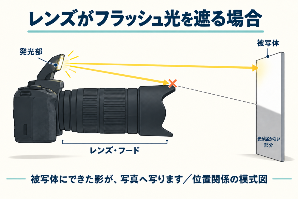 カメラ上のフラッシュから被写体へ向かう光をレンズが遮り、下側に影を作る模式図