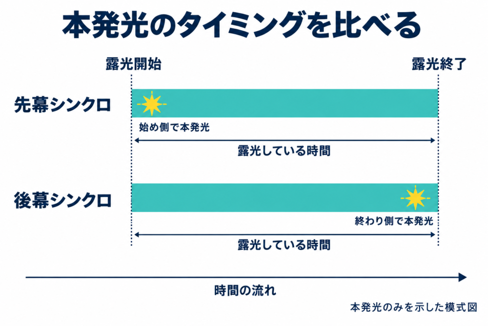 露光の始め側で本発光する先幕と終わり側で本発光する後幕の模式図