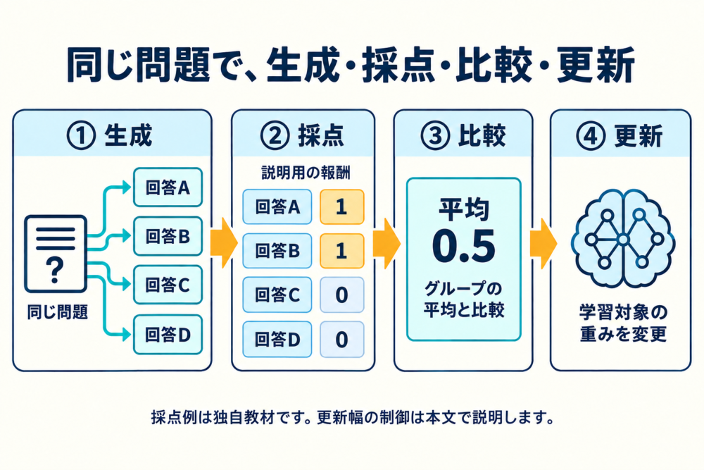 同一問題から複数回答を生成・採点・比較しモデルを更新する流れ