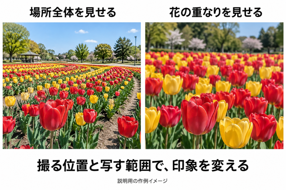 花壇を近くから広く撮る場合と、離れて前後の花の重なりを見せる場合の作例イメージ