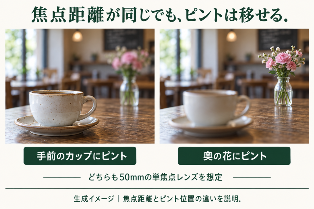 焦点距離を変えずに手前のカップと奥の花へピントを移す生成イメージ