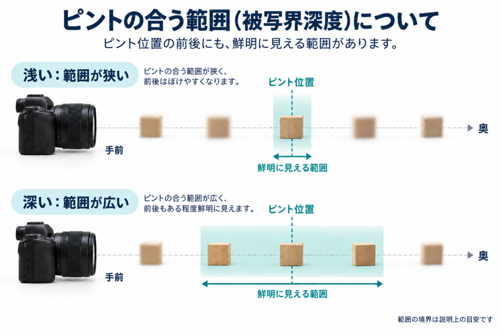 カメラから見て前後に並ぶ小物と、浅い・深い被写界深度の範囲