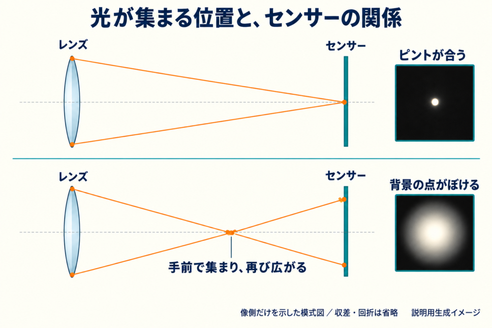 レンズを通った光がセンサー面で集まる場合と広がる場合の模式図