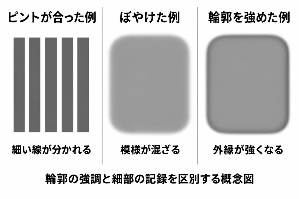 分かれた細線とぼやけた塊、外縁だけを強調した塊を比べる概念図