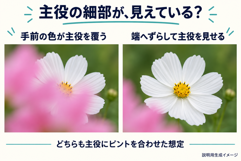 手前のボケが主役を覆う場合と端に収める場合の比較