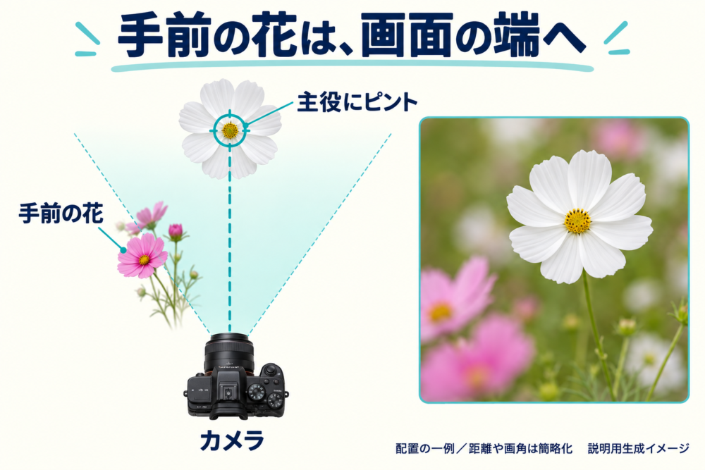 主役にピントを合わせて手前の花を画面の端に入れる配置