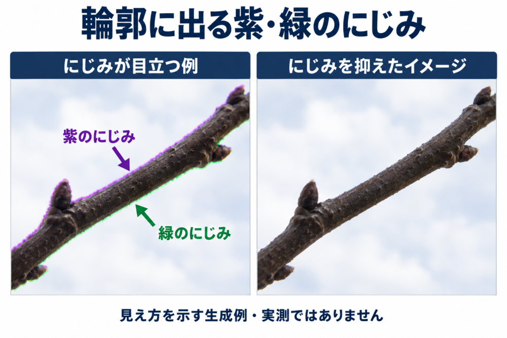 同じ枝の輪郭に紫緑の帯が出る例と、目立たなくなった説明イメージ