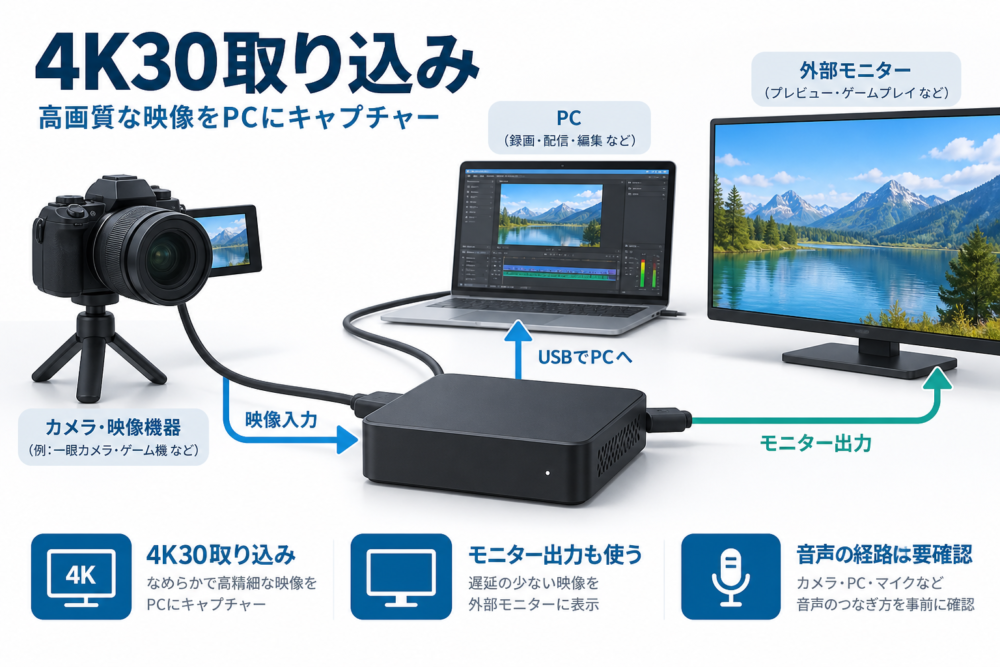 ボックス型機器で4K取り込みとモニター出力を両立するイメージ