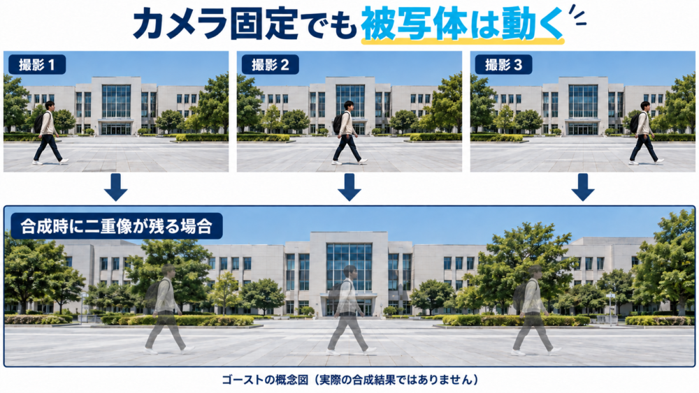 カメラを固定しても撮影間に人物が動き合成で二重像が生じる概念図