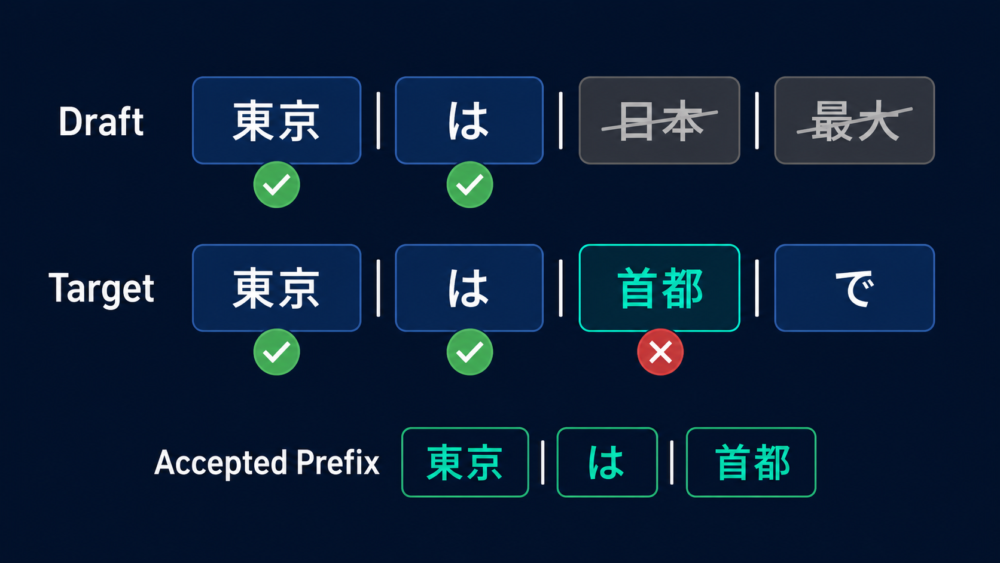 greedy検証で2 tokenを受理し最初の不一致でdraft suffixを捨てtarget tokenへ置き換える例