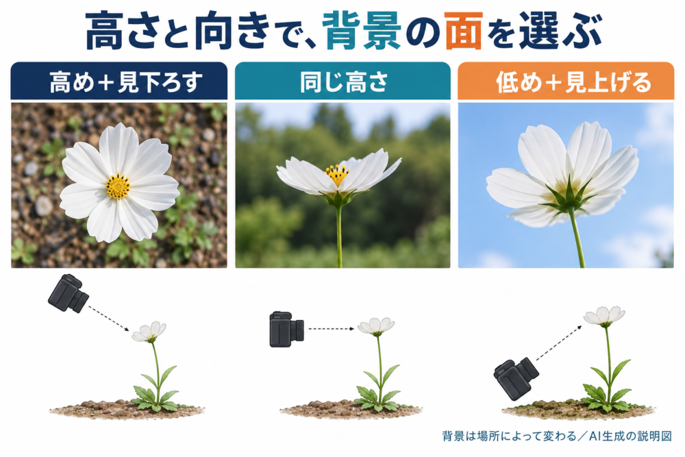 高め・同じ高さ・低めの撮影で花の後ろに地面・植栽・空が入る説明図