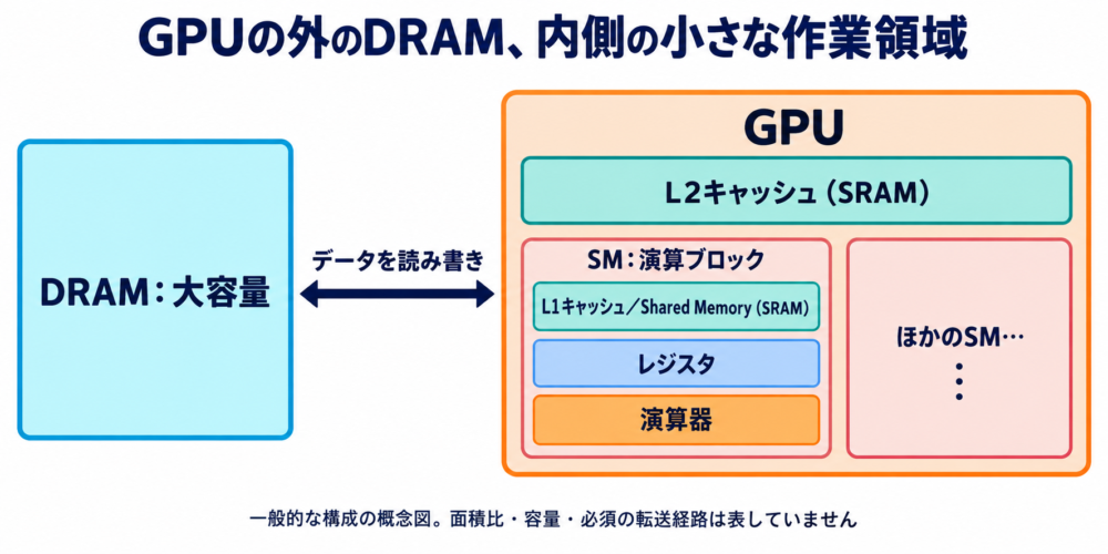 GPU内部のL2キャッシュ、SM内のL1キャッシュとShared Memory、レジスタ、演算器の位置関係
