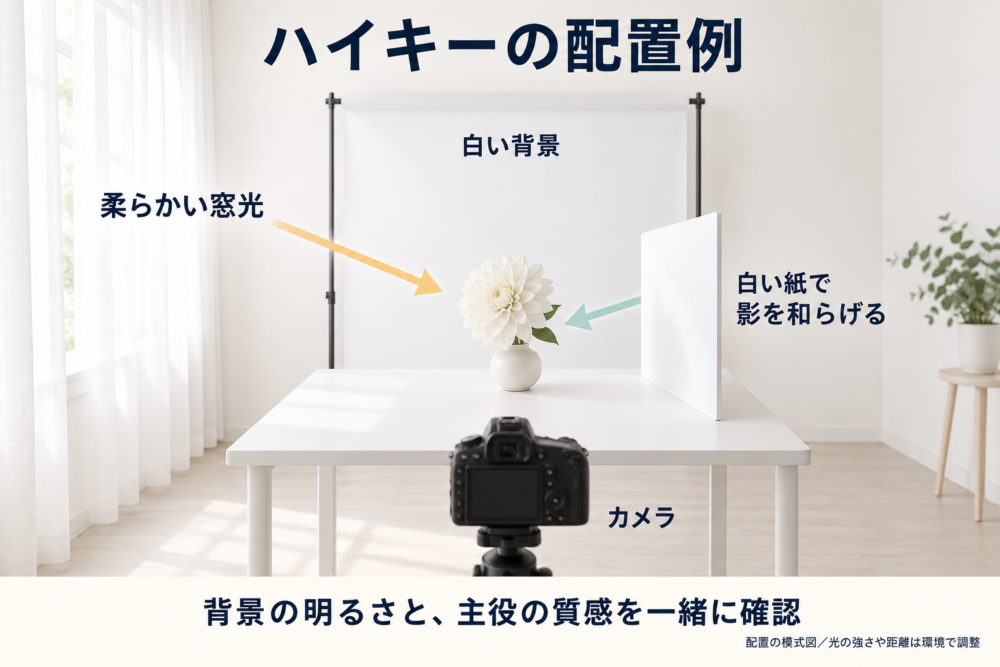 窓光と白い背景、白い紙を使うハイキーの撮影配置