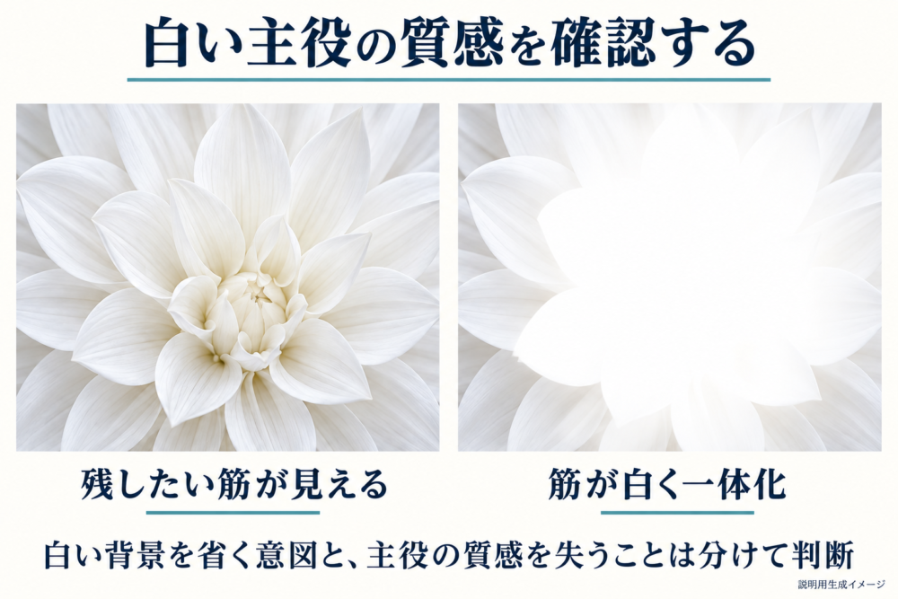 白い花びらの階調を残した場合と白く一体化した場合