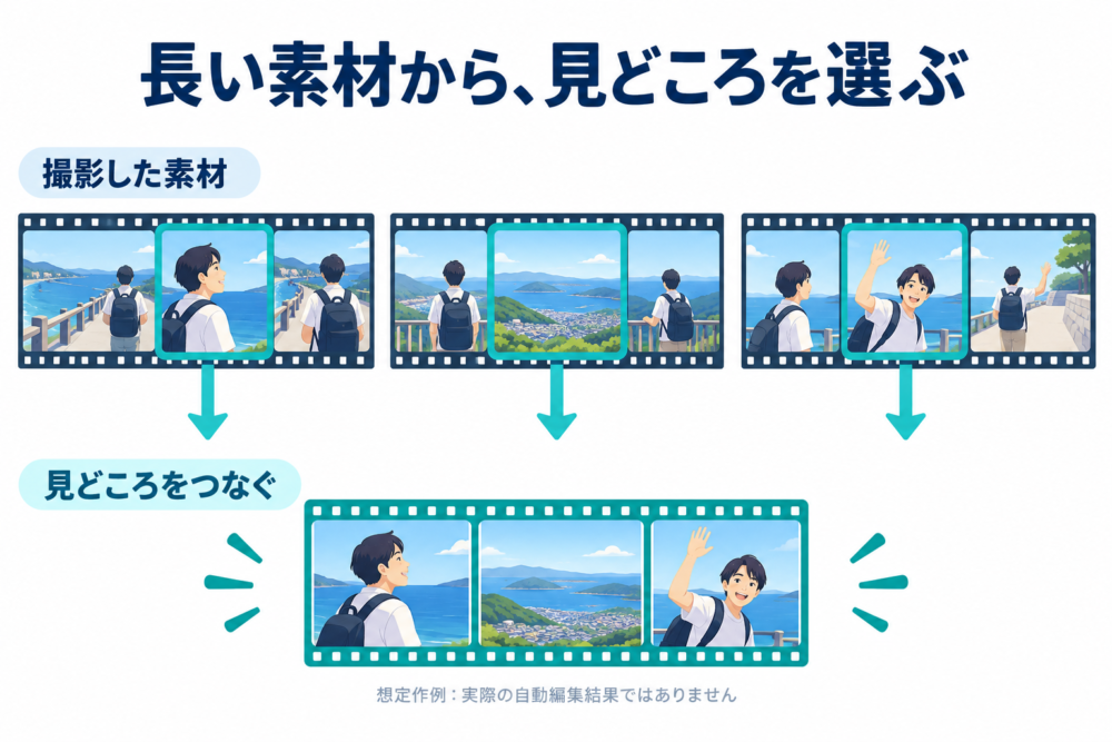 旅行の長い素材から見どころを選び短い動画へつなぐ想定作例