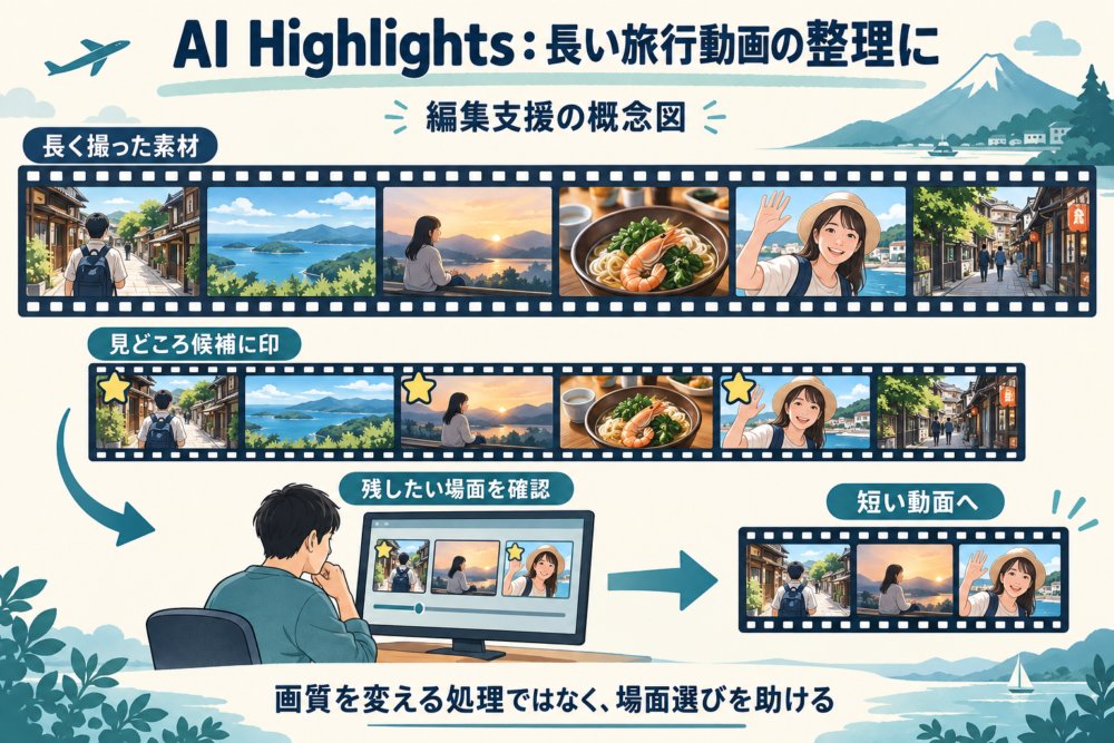 旅行動画の見どころ候補を選び、確認して短い動画へまとめる概念図