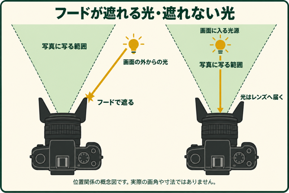 フードを付けても光が残るのはなぜかを示す概念図