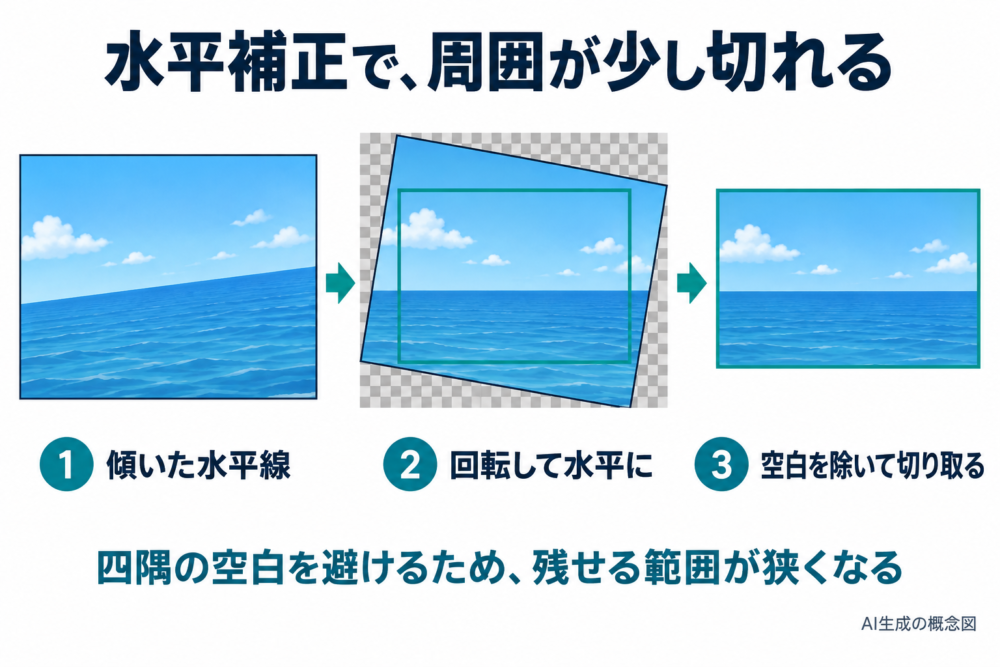 水平補正で生じる四隅の空白と、それを除く切り取り範囲