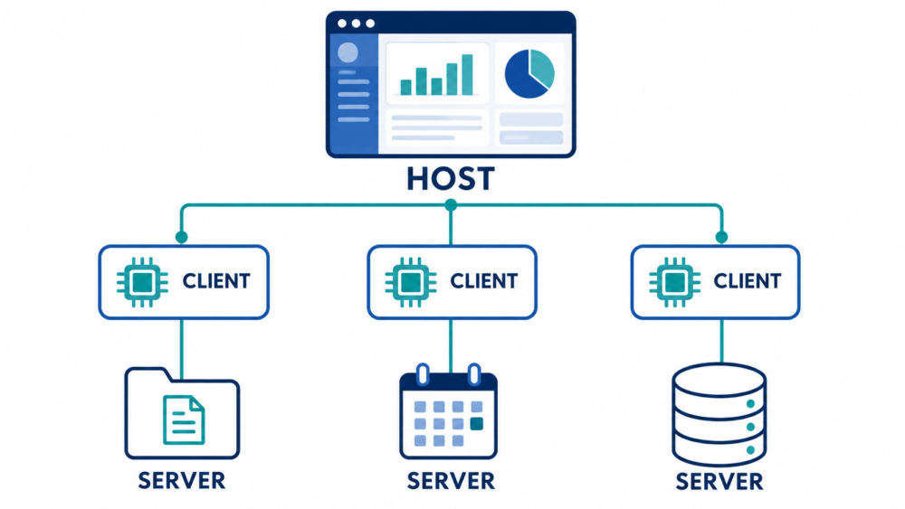 1つのHostが複数Clientを管理し、各Clientが1つのServerへ接続する構成