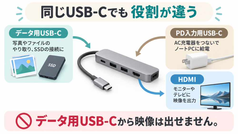 USBハブのデータ用・給電用・映像用の役割を分ける想定図