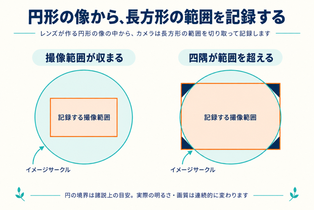 レンズの像円に撮像範囲が収まる場合と四隅が外にはみ出す場合の比較