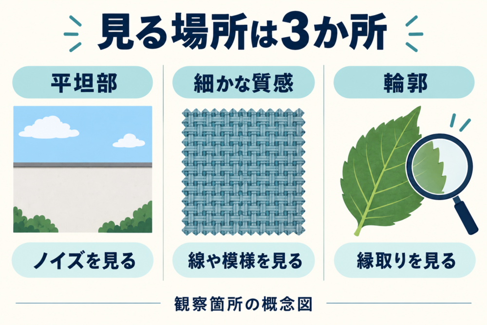 平坦部のノイズ、細かな質感の線や模様、輪郭の縁取りを確認する