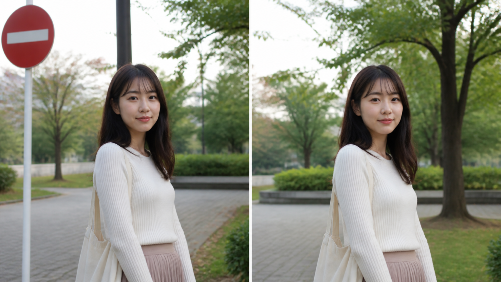 同じ場面で主役と背景が競合する写真と、立ち位置を変えて主役が伝わる写真の比較